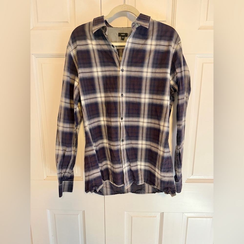 Vince Plaid Button Down Shirt Men's Large Cotton Linen Long Sleeve Casual